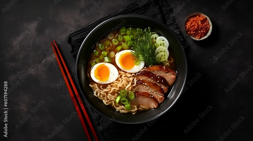 Miso Ramen Asian noodles with egg, pork and pak choi cabbage in bowl on dark background. Japanese cuisine. Top view. Banner Generative AI