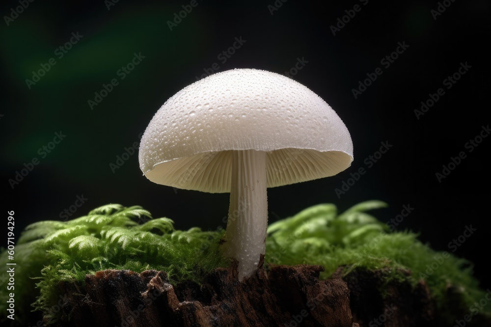 Fototapeta premium Portrait macro forest mushroom with light exposure AI Generative