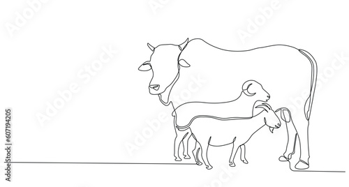 Continuous line of Eid Al Adha banner design. goats, sheep, cows background for Muslim Community Festival. Single line Muslim Hari Raya fit for qurbani day, Eid Al Adha in doodle one line style