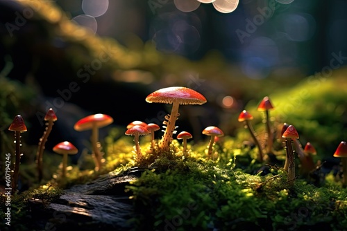 Portrait macro forest mushroom with light exposure AI Generative