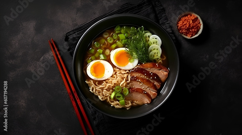 Miso Ramen Asian noodles with egg, pork and pak choi cabbage in bowl on dark background. Japanese cuisine. Top view. Banner Generative AI