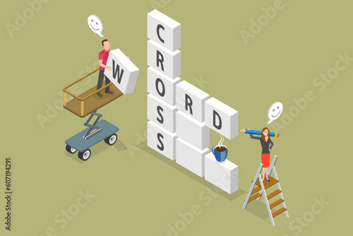 3D Isometric Flat Vector Conceptual Illustration of Crossword, Word Puzzle Solving