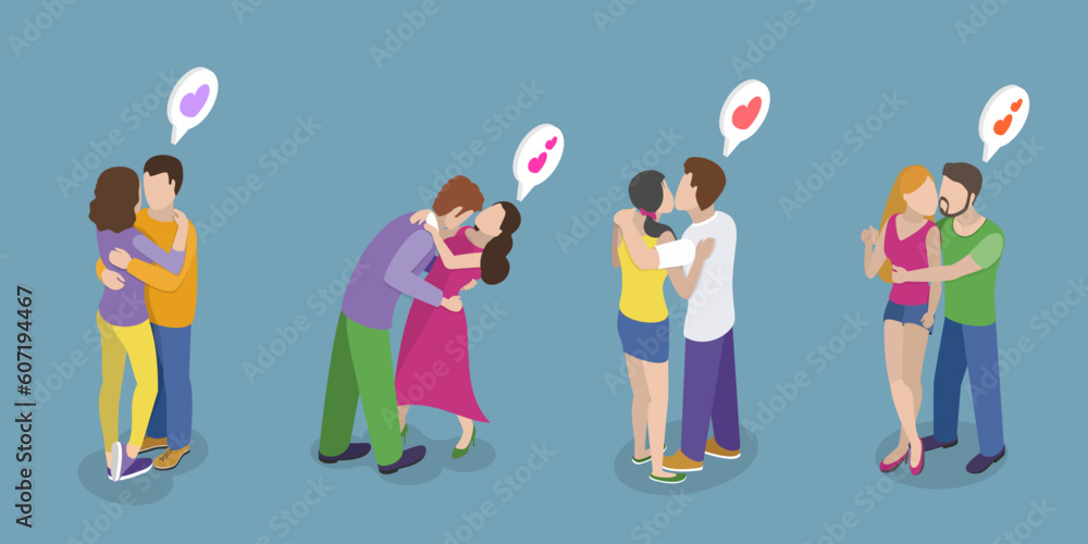 Fototapeta premium 3D Isometric Flat Vector Set of Happy Love Couples, Kisses