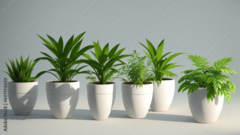 Obraz premium A row of potted plants, 3D render style, clean background, Generative AI