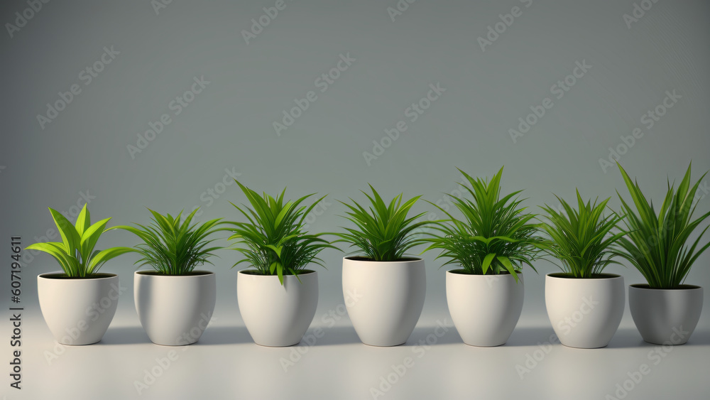 A row of potted plants, 3D render style, clean background, Generative AI A row of potted plants, 3D render style, clean background, Generative AI