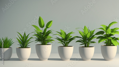 A row of potted plants, 3D render style, clean background, Generative AI