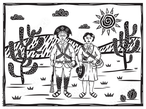 Bandit couple from northeastern Brazil. Lampião and Maria Bonita. Woodcut vector in cordel style photo