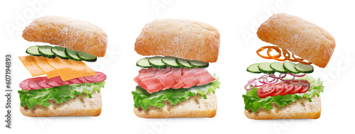 Tasty ciabatta sandwiches with fresh ingredients in air on white background, collage design