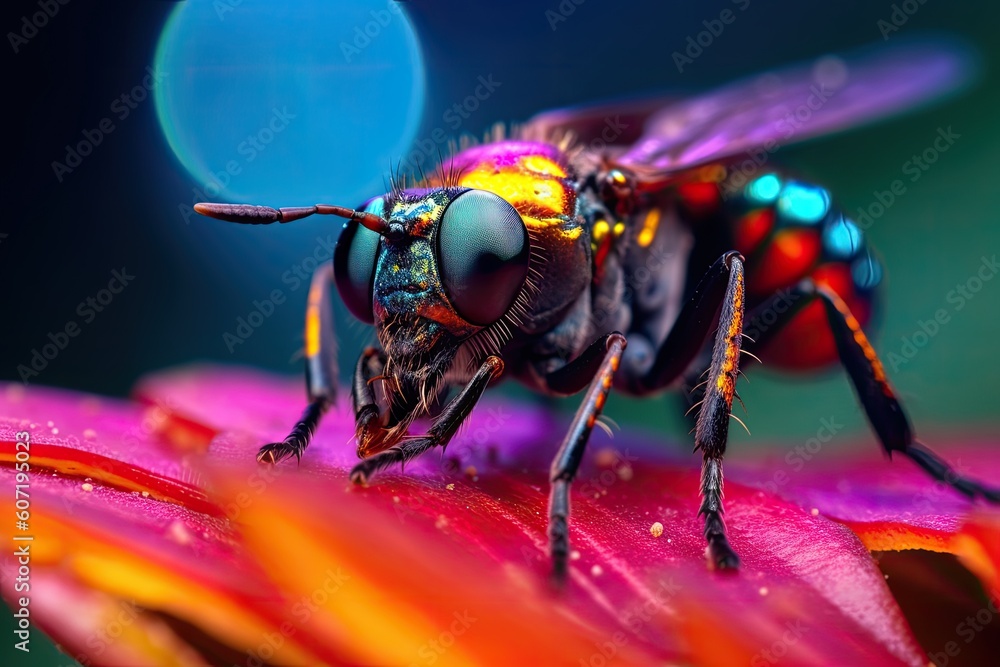 Fototapeta premium Portrait macro colorful insect on the leaf AI Generative