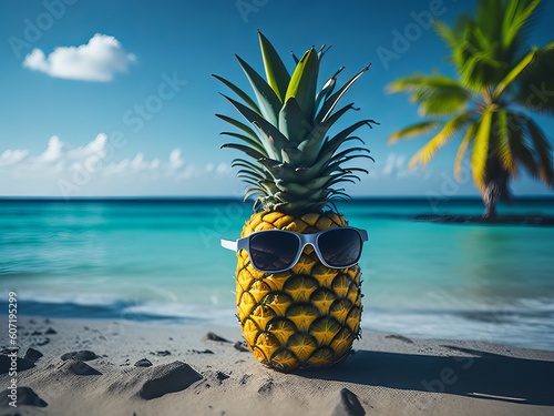 Pineapple with sunglasses on tropical sea summer background. Generative AI 