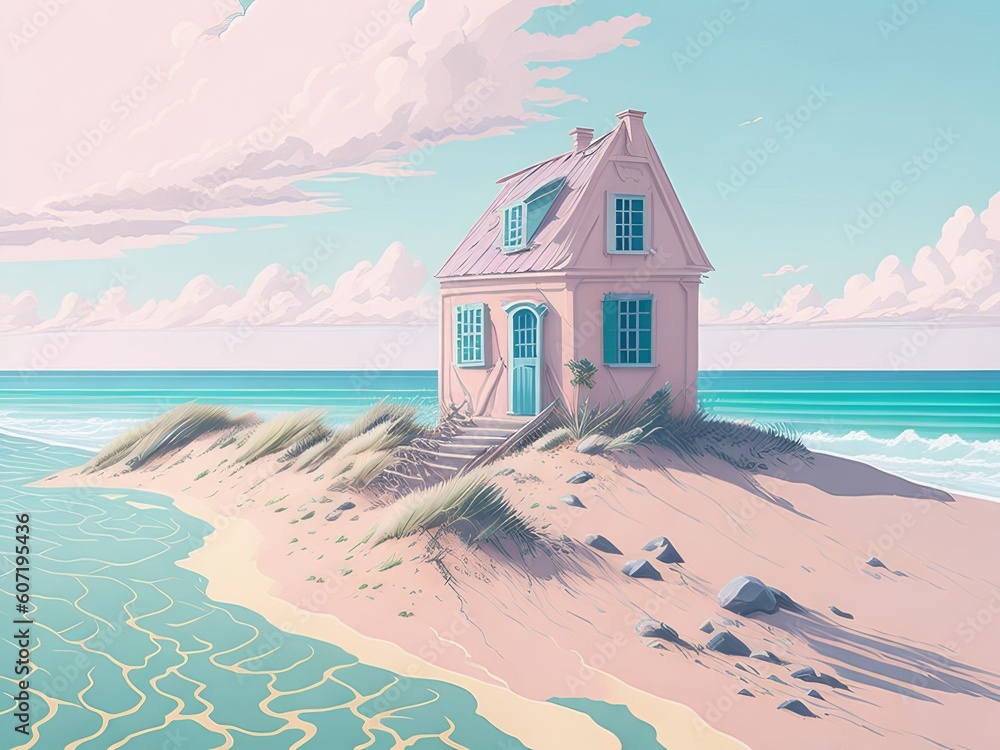 Pastel little, hidden house on the seashore. A nice sunny summer day on vacation, on the sand by the sea. Generative AI
