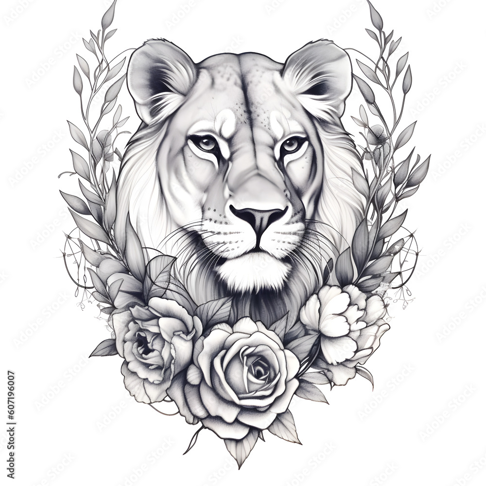 Lion between flowers tattoo, lion art, AI, Generative AI, Generative, Art Lion between flowers tattoo, lion art, AI, Generative AI, Generative, Art