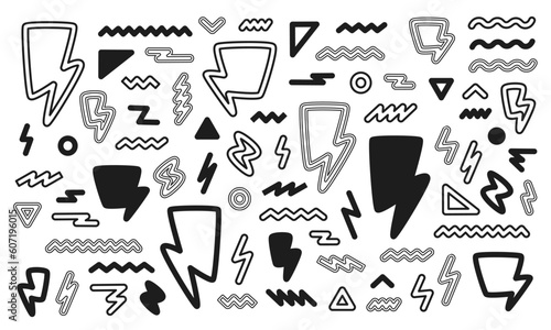 稲妻と波線と図形の幾何学的な模様のイラストセット/ベクター/デザイン/雷/要素/あしらい/モノクロ