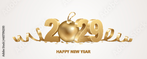 Happy New Year 2029. Golden 3D numbers with ribbons, Christmas ball and confetti on a white background. 