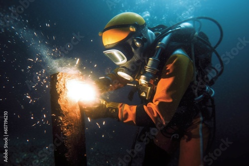 Underwater welding, a man welder welds a metal structure at the bottom of the sea