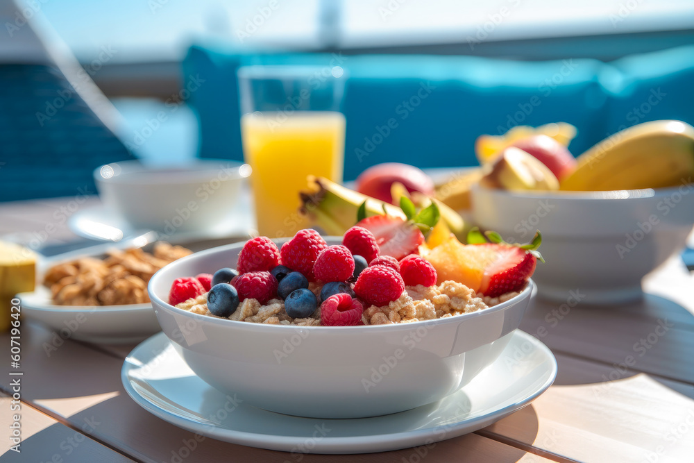 Healthy breakfast with fruit on a luxury yacht or at seaside. Generative AI Healthy breakfast with fruit on a luxury yacht or at seaside. Generative AI