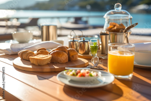 Healthy breakfast with fruit on a luxury yacht or at seaside. Generative AI