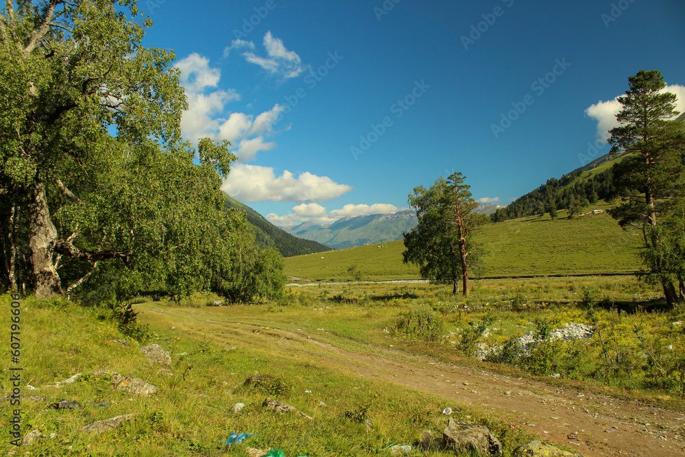 Country road to Sofia lakes near the village of Arkhyz. Karachay - Cherkessia, Russia