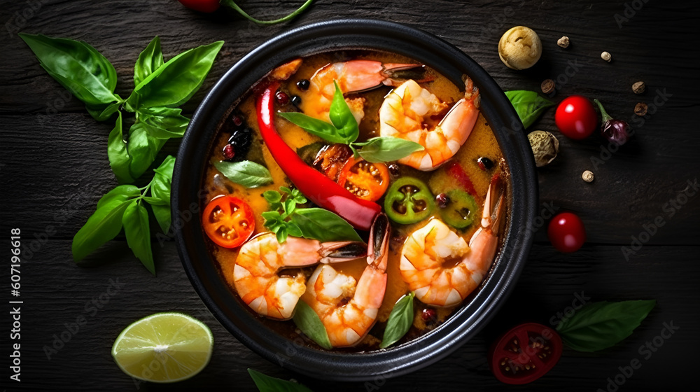 Tom Yam kung Spicy Thai soup with shrimp in a black bowl on a dark stone background, top view, copy space Generative AI Tom Yam kung Spicy Thai soup with shrimp in a black bowl on a dark stone background, top view, copy space Generative AI