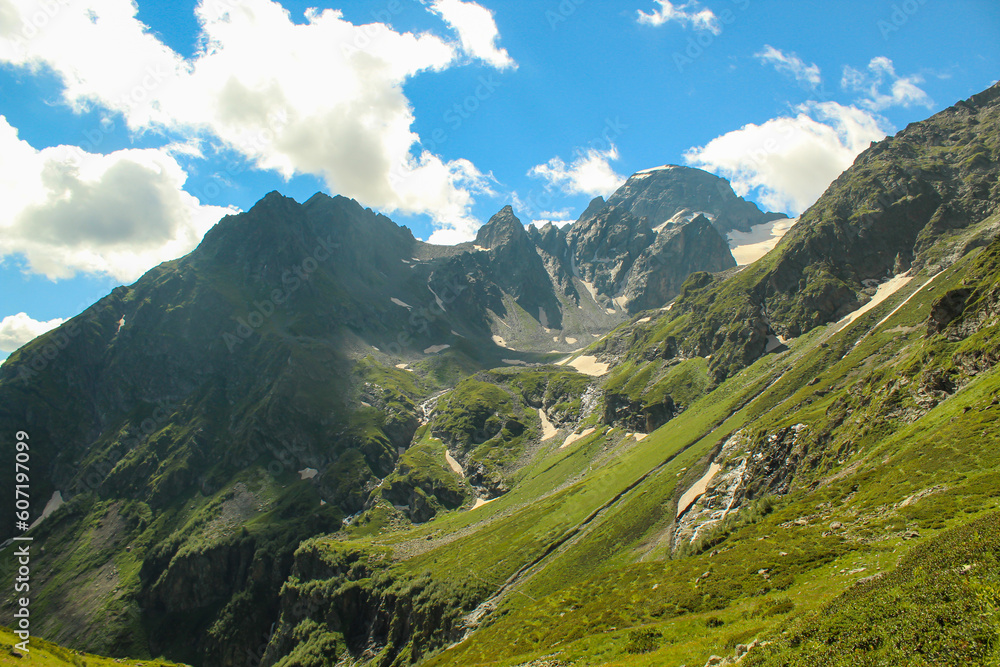 Panoramic view of the Caucasus mountains. Near the village of Arkhyz. Karachay - Cherkessia, Russia
