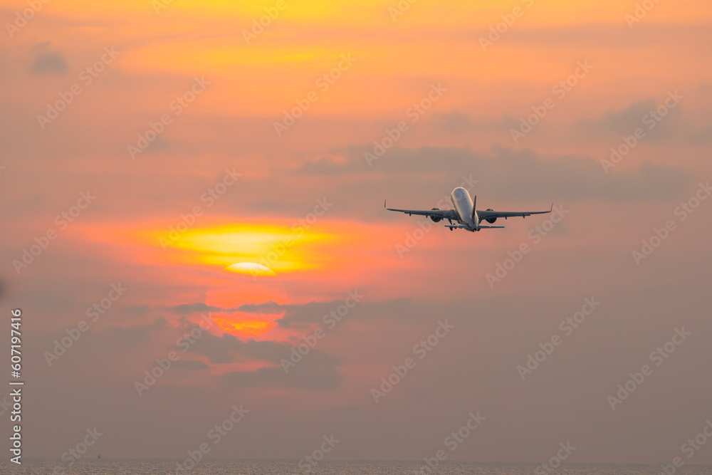 Airplane will take off form airport,copy space sunset sky