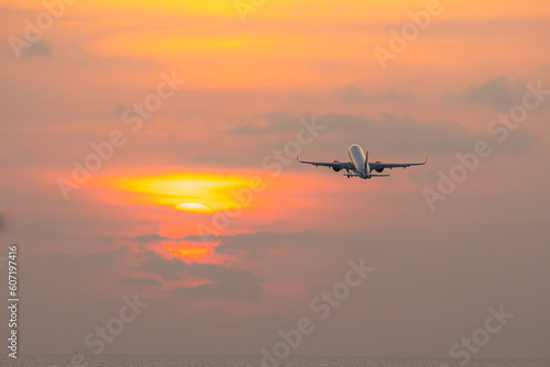 Airplane will take off form airport,copy space sunset sky © T i M e L a P s E
