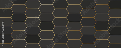 Dark Gray hexagon brick ceramic tiles. Modern seamless pattern, dark grey colored hexagon brick ceramic tiles with golden grout. 

