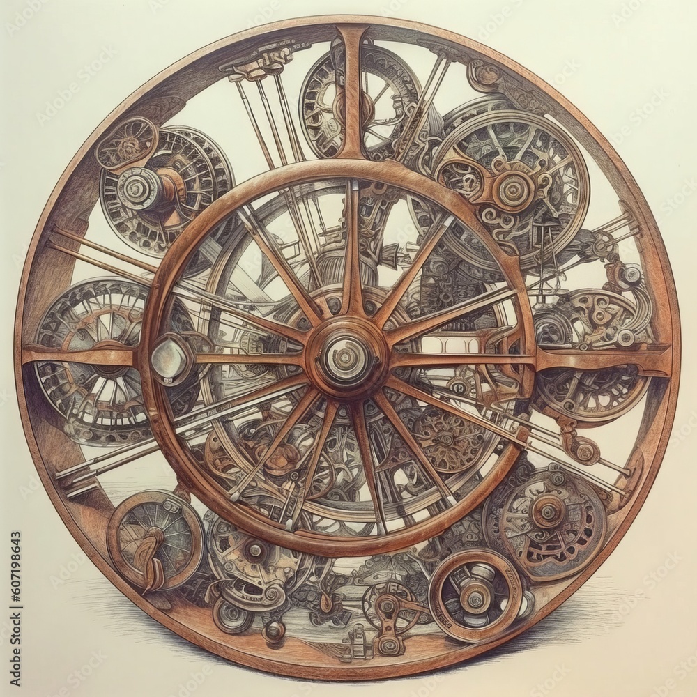 An abstract illustration of a complicated wheel mechanism. Generative AI. 