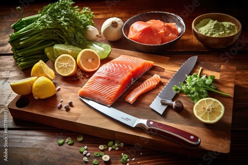 slicing salmon meat on a cutting board stuff food photography photo