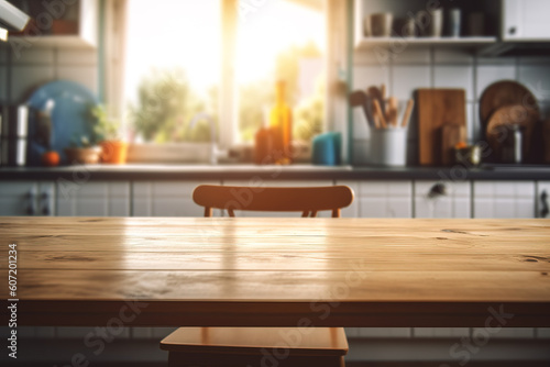 Empty wooden kitchen table island countertop