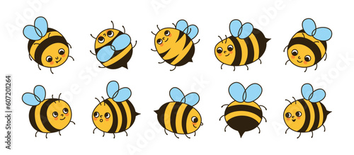 Bee honey characters cartoon set. Comics kids honeybee insect mascot characters with funny faces retro design. Cute hand drawn summer vintage comic smiley striped bees doodle vector illustration