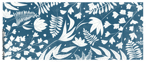 Blue art background with flowers and grass in a minimalistic style. Botanical folk style pattern for banner design, decor, interior design, wallpaper, packaging, textile, cover.