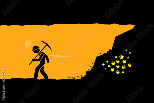 Miner give up and fed up after almost digging and reaching to the gold or treasure in the underground tunnel. Vector illustration depicts concept of failure, lost opportunity, unlucky, and impatient. photo