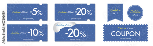 フランスの冬のセールに使える青いシンプルな雪のクーポンベクターデザインセット
