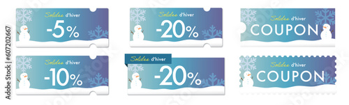 フランスの冬のセールに使えるシンプルな青と雪だるまのクーポンベクターデザインセット