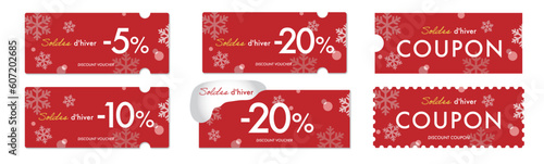 フランスの冬のセールに使えるシンプルな赤と雪のクーポンベクターデザインセット