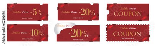 フランスの冬のセールに使えるシンプル赤リボンのクーポンベクターデザインセット