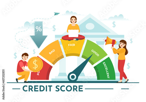 Credit Score Vector Illustration with Loan Arrow Gauge Speedometer Indicator from Poor to Good Rate in Flat Cartoon Hand Drawn Templates
