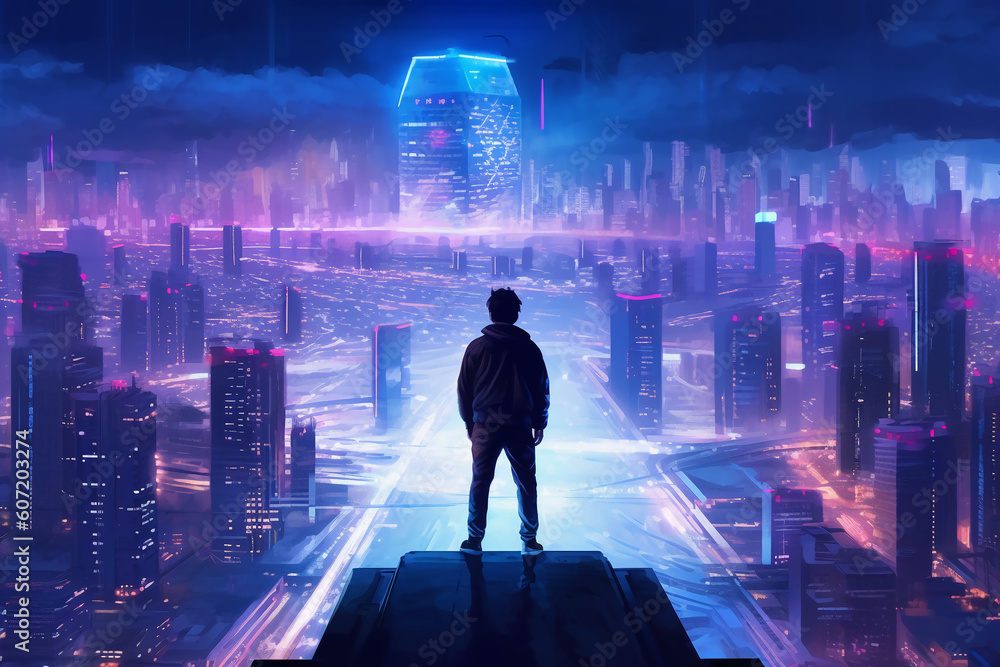 A man standing on a ledge admiring a minimalist urban cyberpunk landscape. AI generative A man standing on a ledge admiring a minimalist urban cyberpunk landscape. AI generative