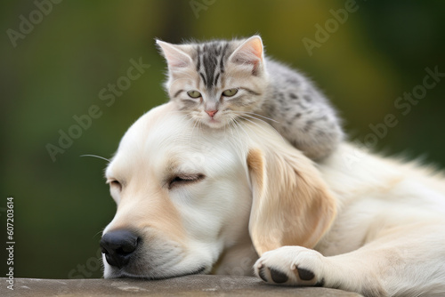 A cat perched on a dog's head a unique and funny display of unlikely friendship that will bring a smile to anyone's face. AI Generative.