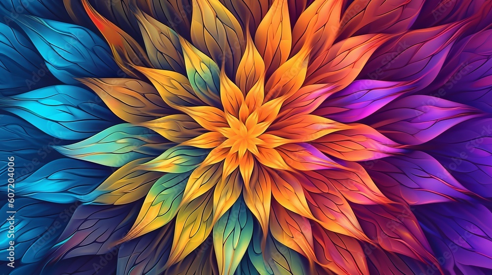 A vibrant and lush flower with an abundance of leaves. Kaleidoscope background. Generative AI A vibrant and lush flower with an abundance of leaves. Kaleidoscope background. Generative AI