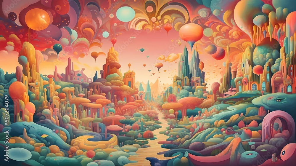 A colorful landscape painting with bubbles. Generative AI