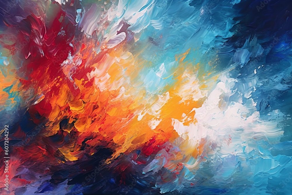 An abstract painting with vibrant blue, orange, and red colors. Generative AI