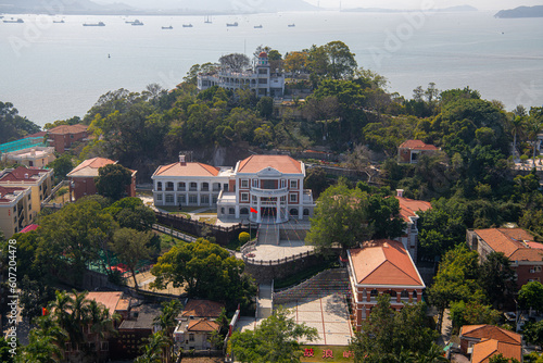 Close up view of the European-style architecture on Gulangyu Island on a sunny day, Xiamen, copy space for text, blue sky photo