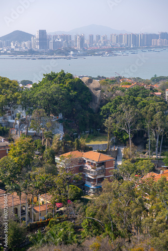 Gulangyu Island aerial close up. Kulangsu historic international settlement. Unesco World heritage site. Background, wallpaper. Roofs, aerial photo