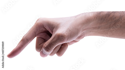 Male hand touching or pointing to something isolated on white background. © Pataradon