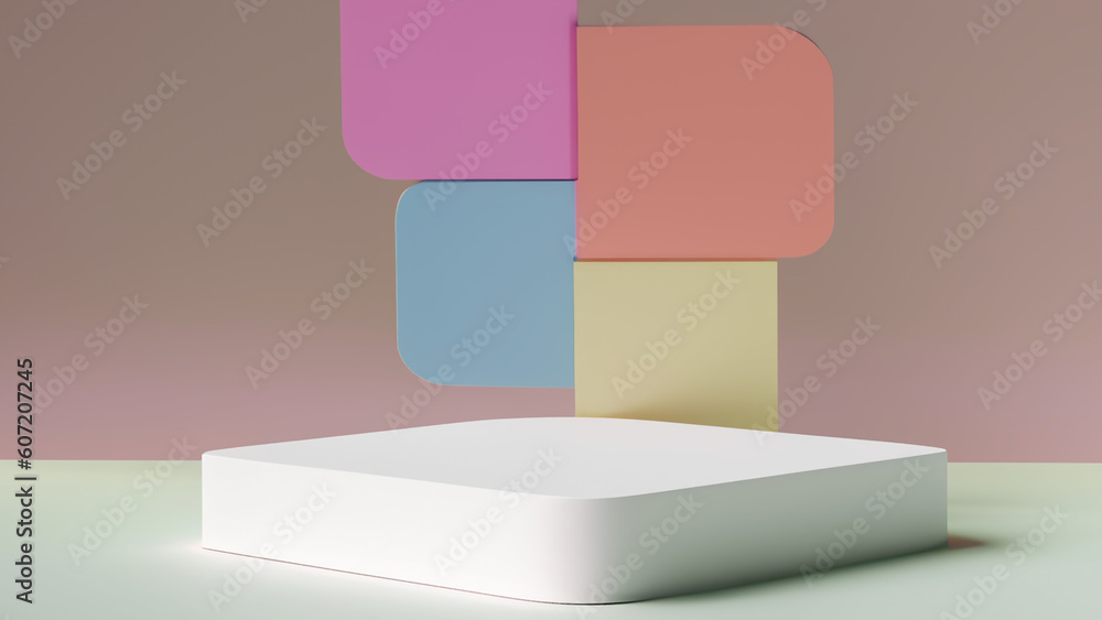 Podium with abstract geometric elements and shapes and background for product display and presentation 3D rendered scene in soft focus Podium with abstract geometric elements and shapes and background for product display and presentation 3D rendered scene in soft focus