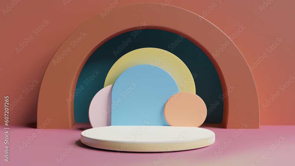 Podium with abstract geometric elements and shapes and background for product display and presentation 3D rendered scene in soft focus Podium with abstract geometric elements and shapes and background for product display and presentation 3D rendered scene in soft focus