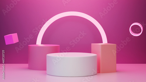 Podium with abstract geometric elements and shapes and background for product display and presentation 3D rendered scene in soft focus © OneLineStock