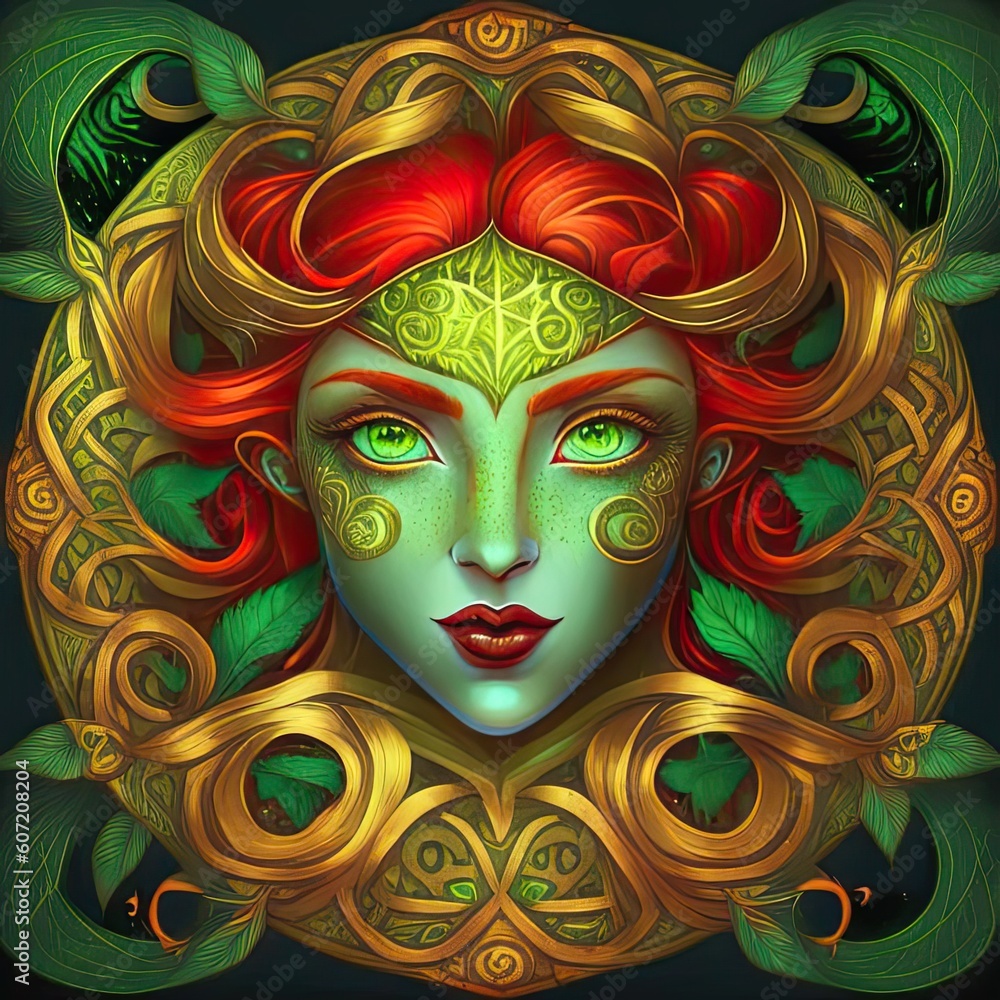Portrait of a forest fairy in Art Nouveau style, with a golden Arabesque pattern on the skin. Decorative rosette with elements of flora and a fantastic way.
